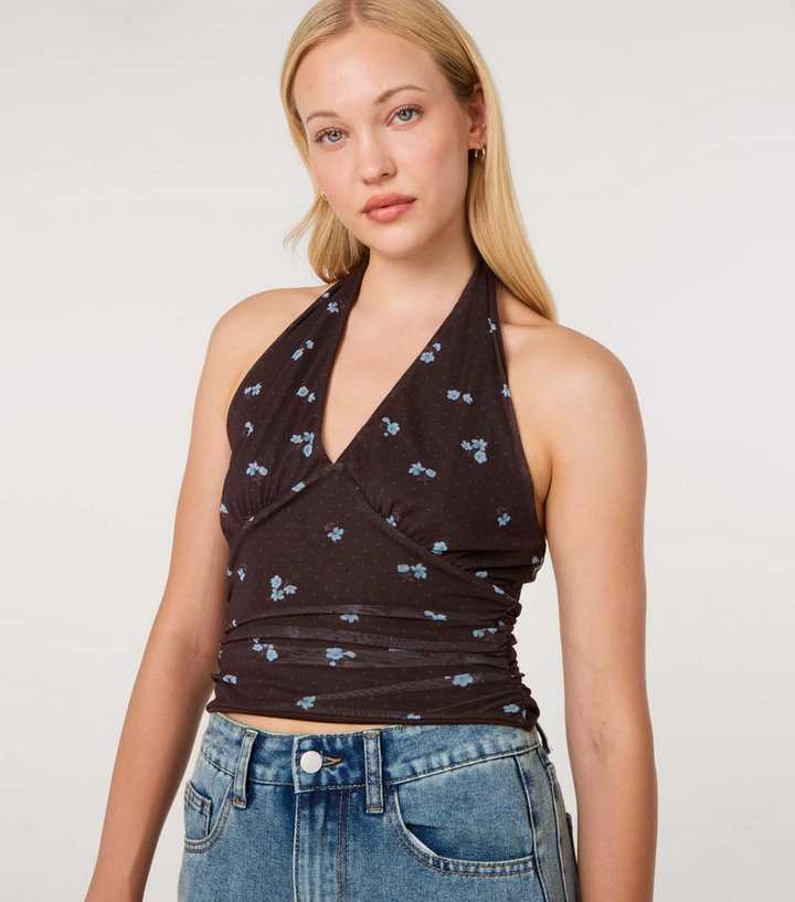 Pink Vanilla Dark Brown Floral Dot Mesh Halter Neck Top