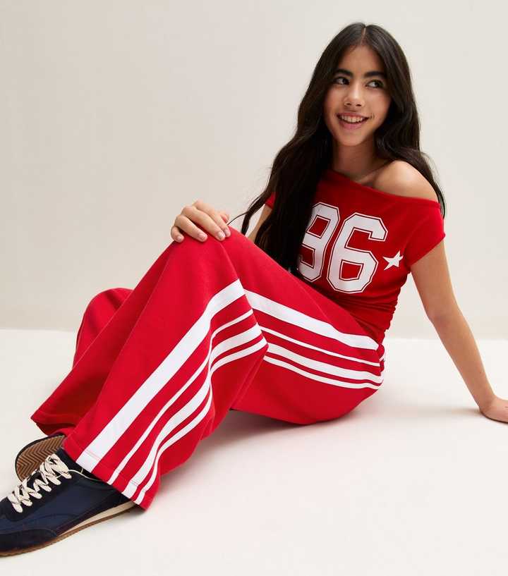 Girls Bright Red Side Stripe Wide Leg Joggers