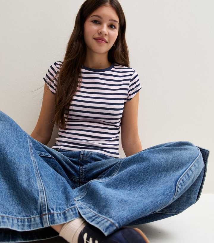 Girls Blue Cotton Rich Striped Cap Sleeve T-Shirt