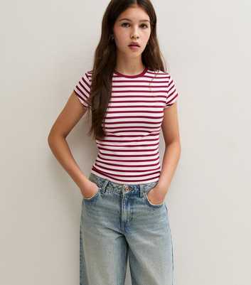 Girls Pink Cotton Rich Striped Cap Sleeve T-Shirt