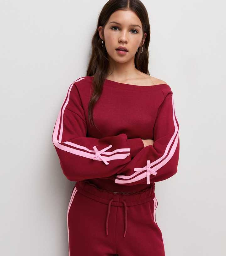 Girls Dark Burgundy Striped Off the Shoulder Sweatshirt