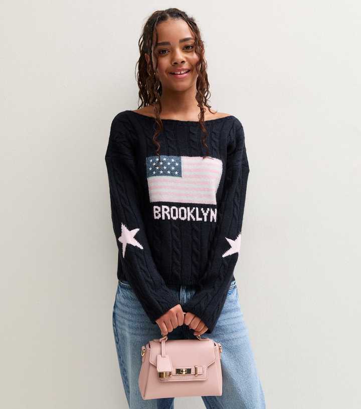 Girls Navy 1995 Brooklyn American Flag Cable Knit Jumper