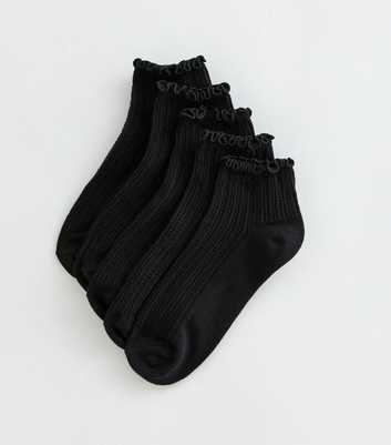 Girls Pack of 4 Black Cotton Rich Ribbed Frill Trim Socks