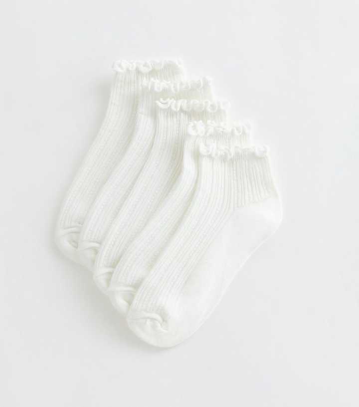 Girls Pack of 4 White Cotton Rich Ribbed Frill Trim Socks