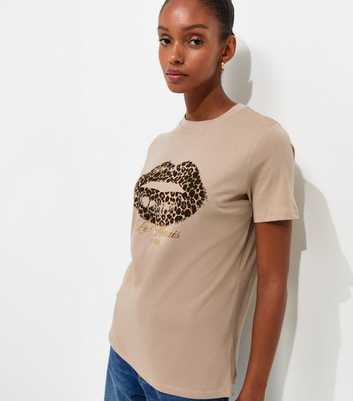 Mink Cotton Foil Leopard Print Lips Relaxed T-Shirt