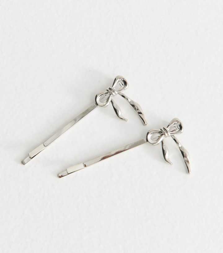 Pack Of 2 Silver Metal Bow Hair Slides