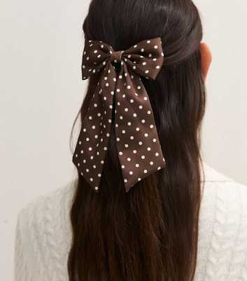 Brown Satin Polka Dot Bow Hair Slide