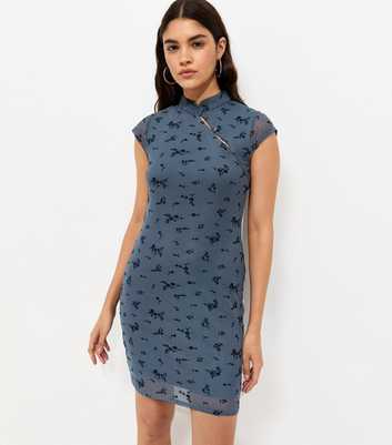Navy Floral Flocked Mandarin Collar Mini Dress