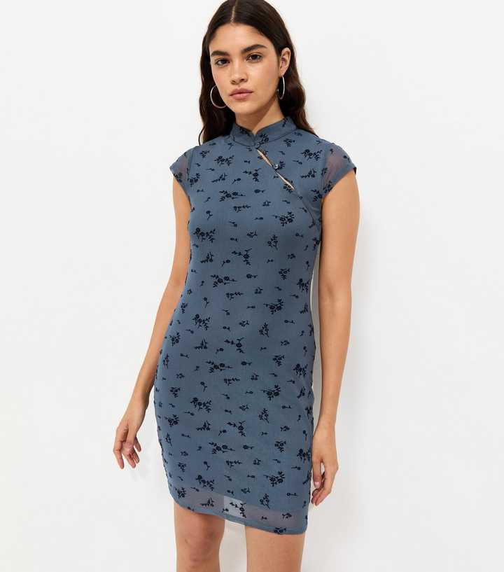 Navy Floral Flocked Mandarin Collar Mini Dress