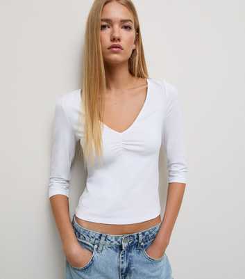 White Cotton Rich Ruched V-Neck Cropped Sleeve Top