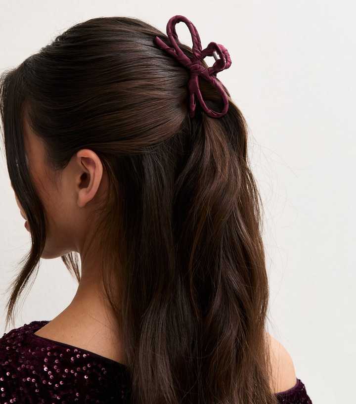 Dark Burgundy Satin Wrapped Bow Bulldog Claw Clip