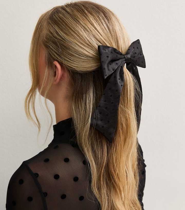 Black Satin Polka Dot Flocked Bow Hair Slide