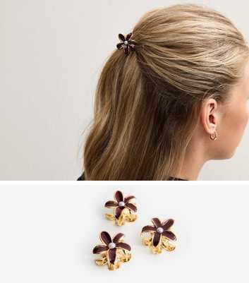 Pack of 3 Burgundy Flower Faux Pearl Enamel Mini Hair Claw Clips