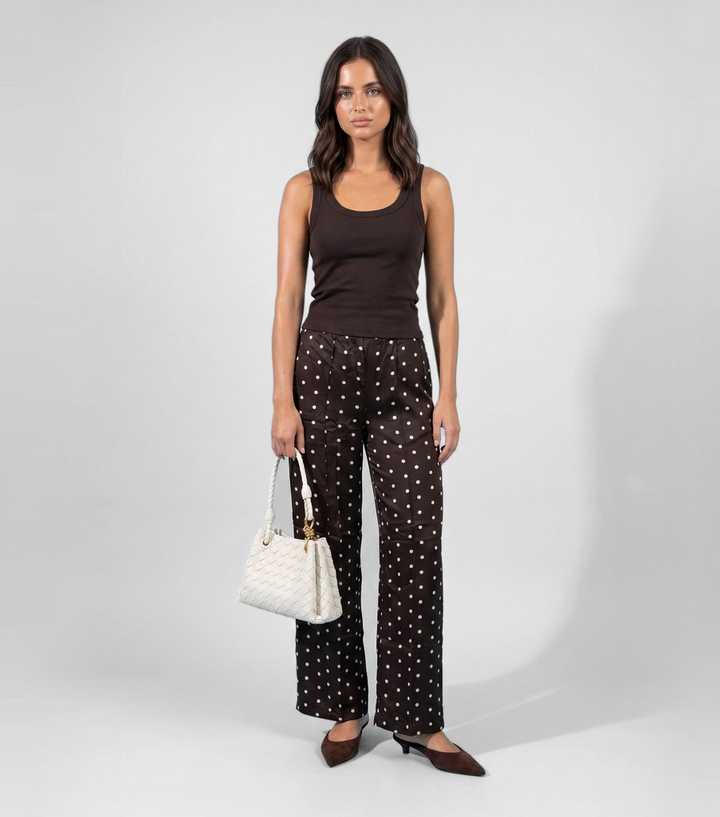 Urban Bliss Brown Polka Dot Side Stripe Wide Leg Trousers