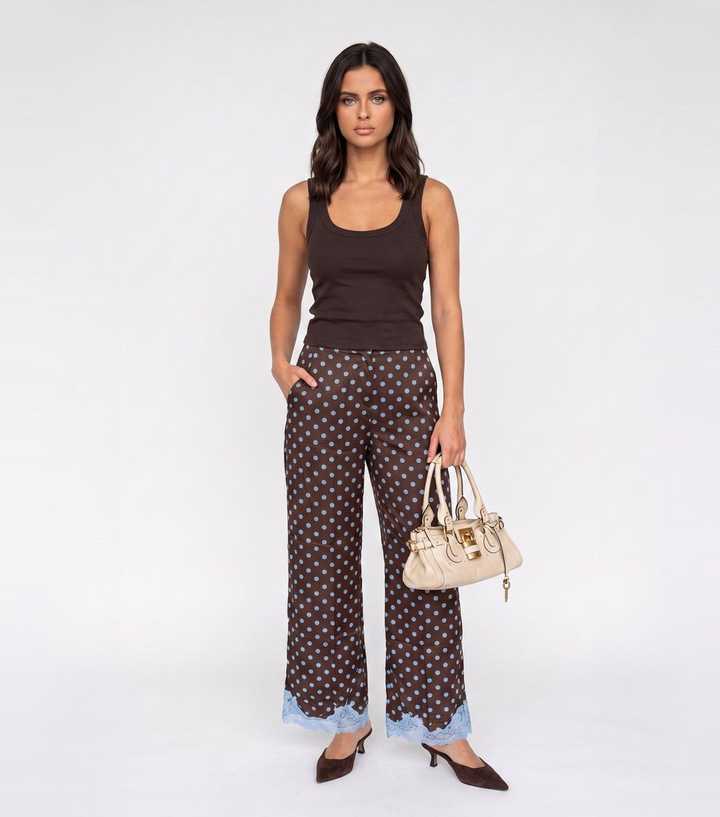 Urban Bliss Brown Polka Dot Lace Trim Wide Leg Trousers