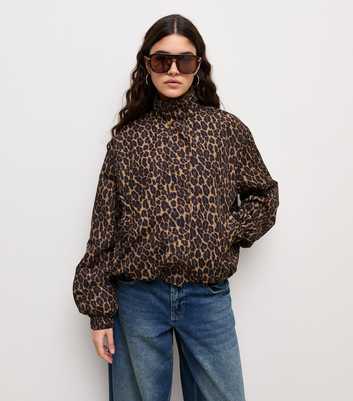Brown Animal Print Zip Through Windbreaker Jacket