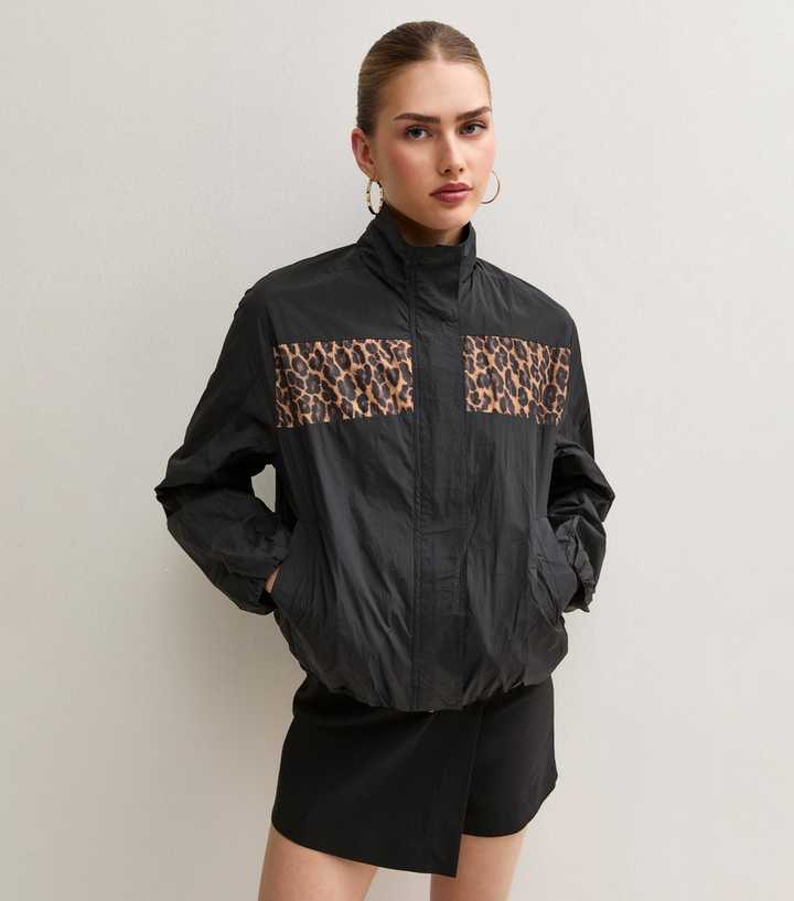Black Animal Print Panel Windbreaker Jacket