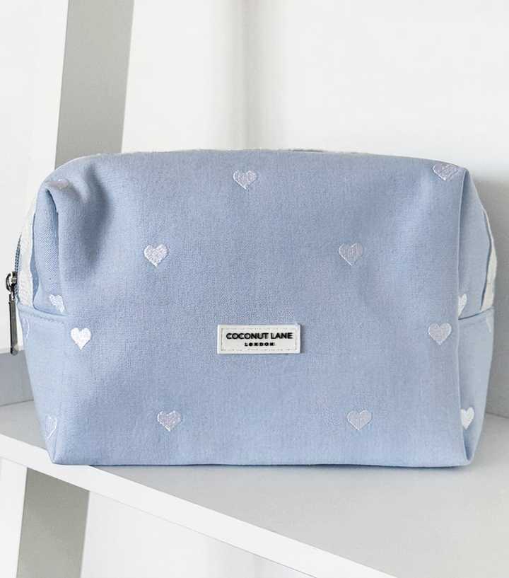 Coconut Lane Light Blue Heart Embroidered Makeup Bag