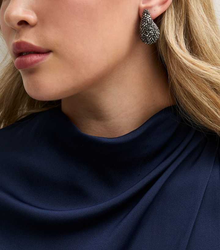 Black And Silver-Tone Gem Teardrop Stud Earrings