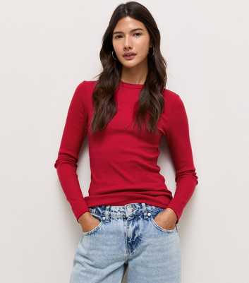 Bright Red Cotton Rich Long Sleeve Rib Crew Neck Top