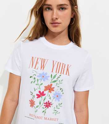White Cotton New York Flower Print Relaxed T-Shirt