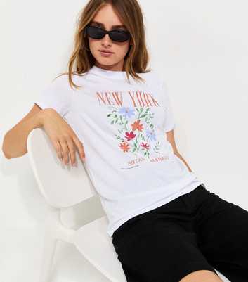 White Cotton New York Flower Print Relaxed T-Shirt