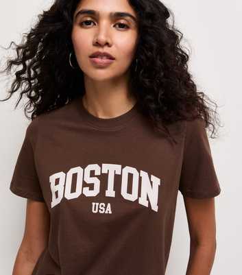 Dark Brown Cotton Boston Logo Relaxed T-Shirt