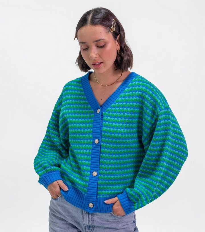 Sunshine Soul Blue Knitted Geometric Stripe Front Button Cardigan