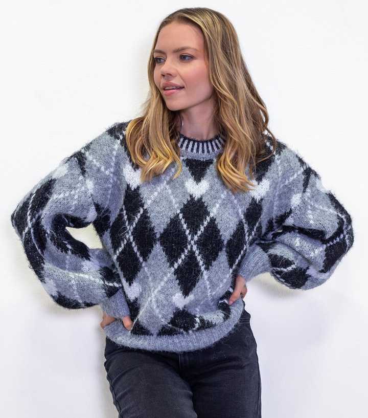 Sunshine Soul Grey Love Heart Argyle Pattern Jumper