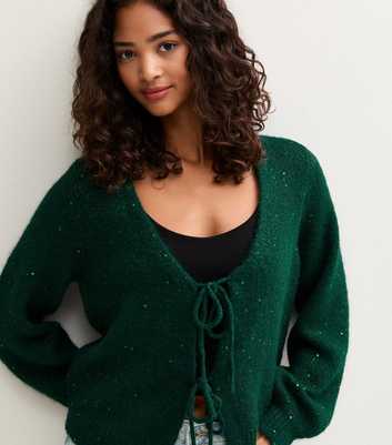 Sunshine Soul Dark Green Sequin Scoop Neck Front Bow Cardigan