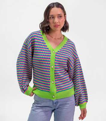 Sunshine Soul Bright Green Knitted Geometric Stripe Front Button Cardigan