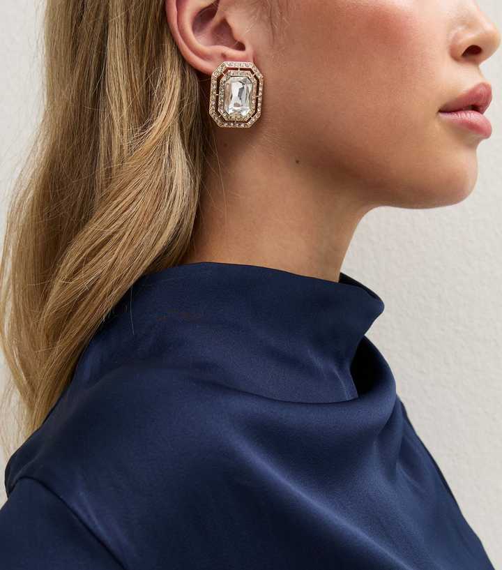 Gold-Tone Hexagonal Diamante Gem Stud Earrings