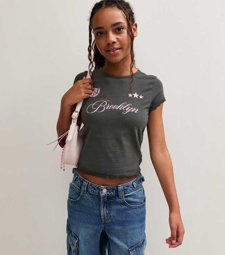 Girls Dark Grey Cotton Rich Slogan Print Lace Trim Fitted T-Shirt