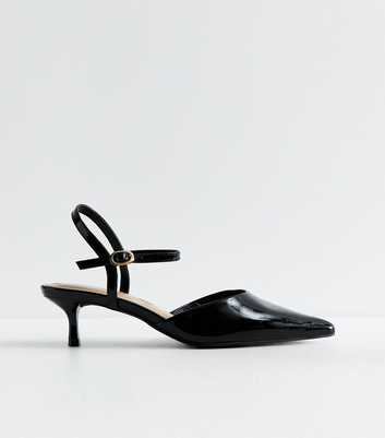 Black Patent Faux Leather Ankle Strap Court Shoes