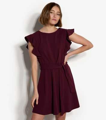 Apricot Dark Burgundy Ruffle Sleeve Mini Dress