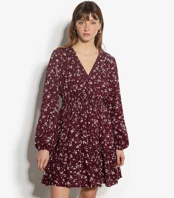 Apricot Dark Burgundy Daisy Print Wrap Front Mini Dress