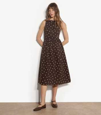 Apricot Brown Cotton Polka Dot Print Midi Dress