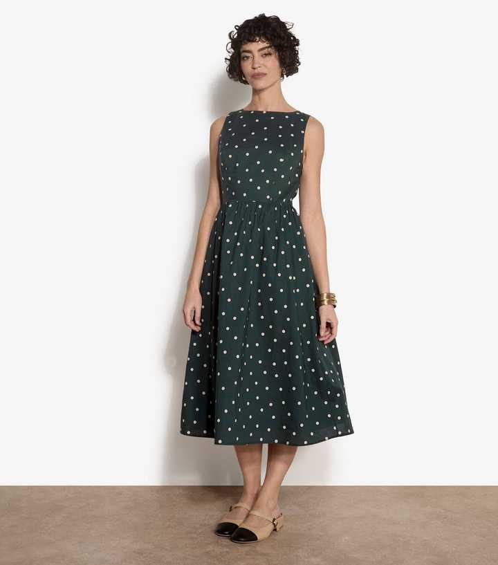 Apricot Green Cotton Polka Dot Print Midi Dress