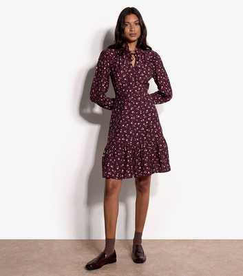 Apricot Dark Burgundy Daisy Print Long Sleeve Dress