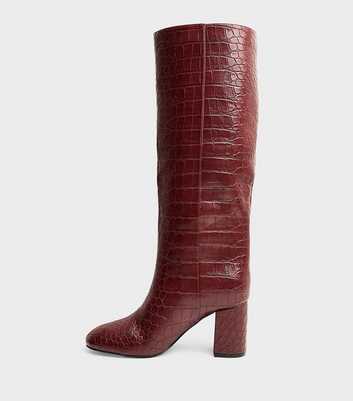 Public Desire Dark Burgundy Maison Croc Faux Leather Block Heel Boots