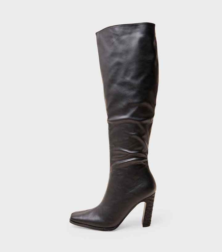 Public Desire Black Acquilla Faux Leather Knee High Flared Heel Boots