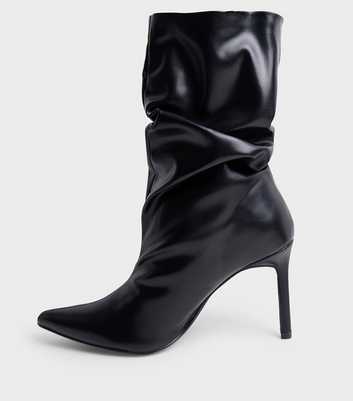 Public Desire Black Lilu Faux Leather Ruched Midi Heel Ankle Boots
