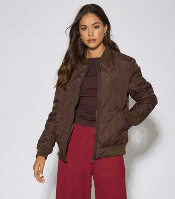 Gini London Dark Brown Diamond Quilted Puffer Bomber Jacket