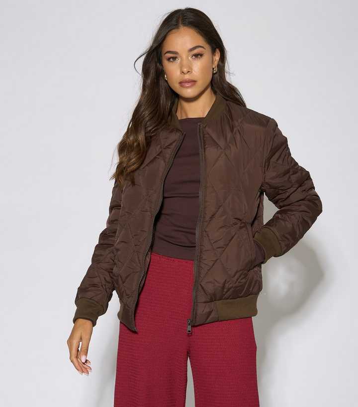 Gini London Dark Brown Diamond Quilted Puffer Bomber Jacket