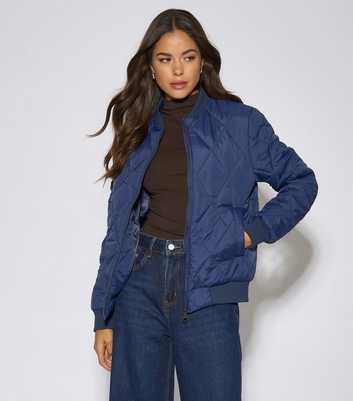 Gini London Navy Diamond Quilted Puffer Bomber Jacket