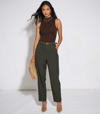 Gini London Dark Green Tapered Leg Belted Trousers