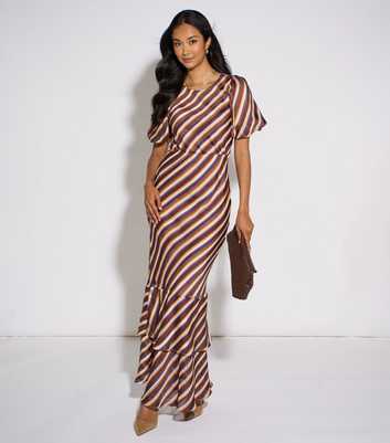 Gini London Brown Diagonal Stripe Chiffon Maxi Dress