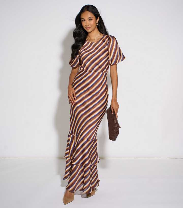 Gini London Brown Diagonal Stripe Chiffon Maxi Dress