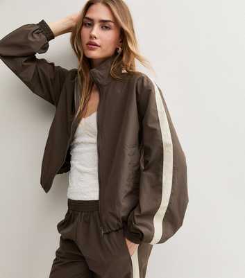 Brown and Cream Stripe High Neck Zip Up Jacket