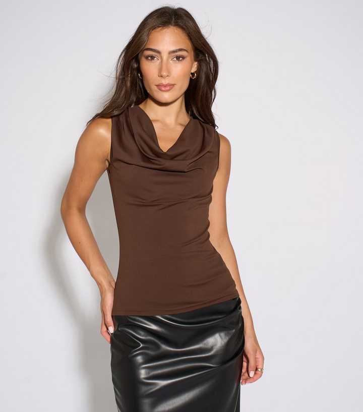 Gini London Dark Brown Button Shoulder Cowl Neck Top